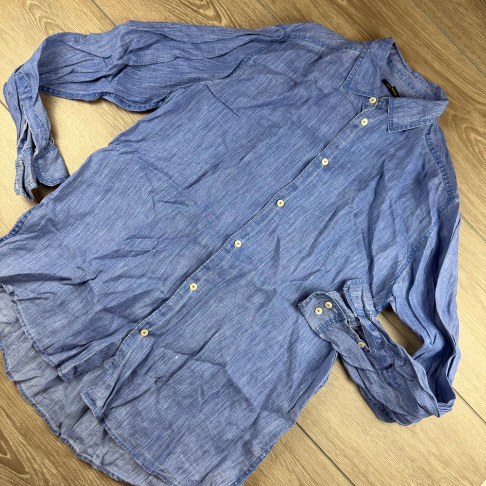 Martin Gordon Mens Button Down Shirt 100% Linen Long Sleeve Blue L